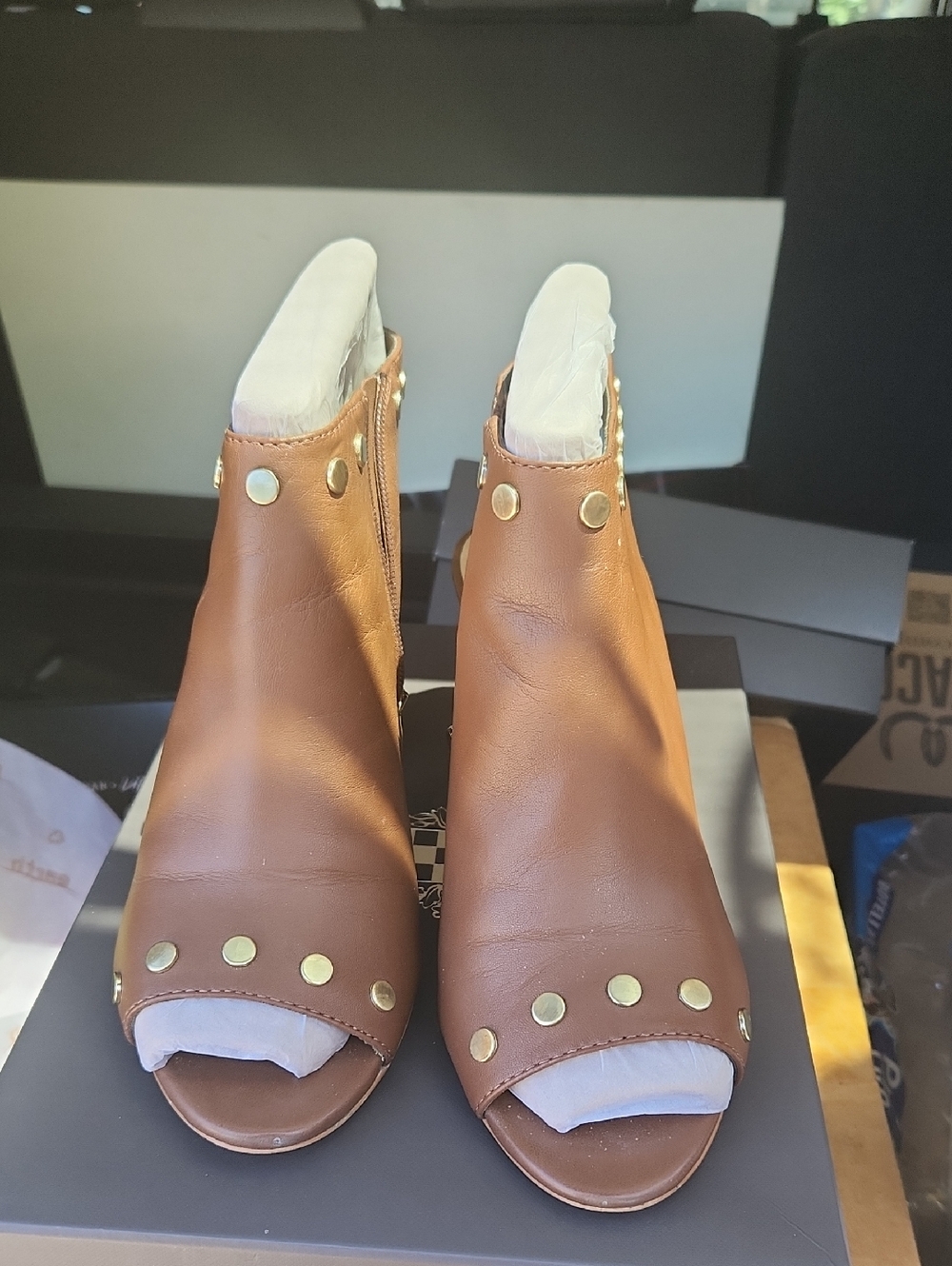 Vince Camuto Women’s Whiskey Brown Open-Toe Studded Ankle Booties